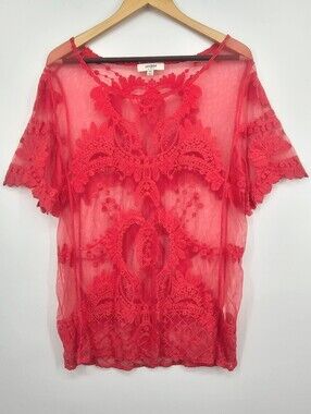 Umgee USA Sheer Lace Mesh Top S/M Coral Pink Floral Embroidered Boho Festival